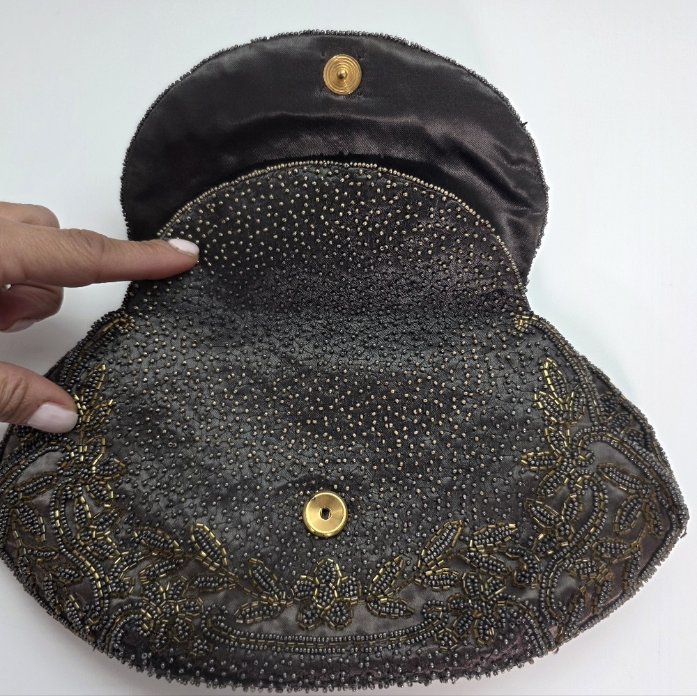 Vintage French Beaded Clutch Taupe Bronze Art Deco Evening Bag Micro Bead Floral - Picture 7 of 15